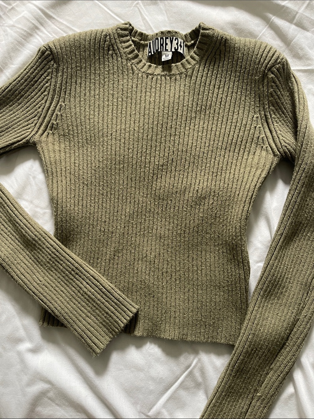 Audrey 3+1 Olive Ribbed Crewneck Sweater